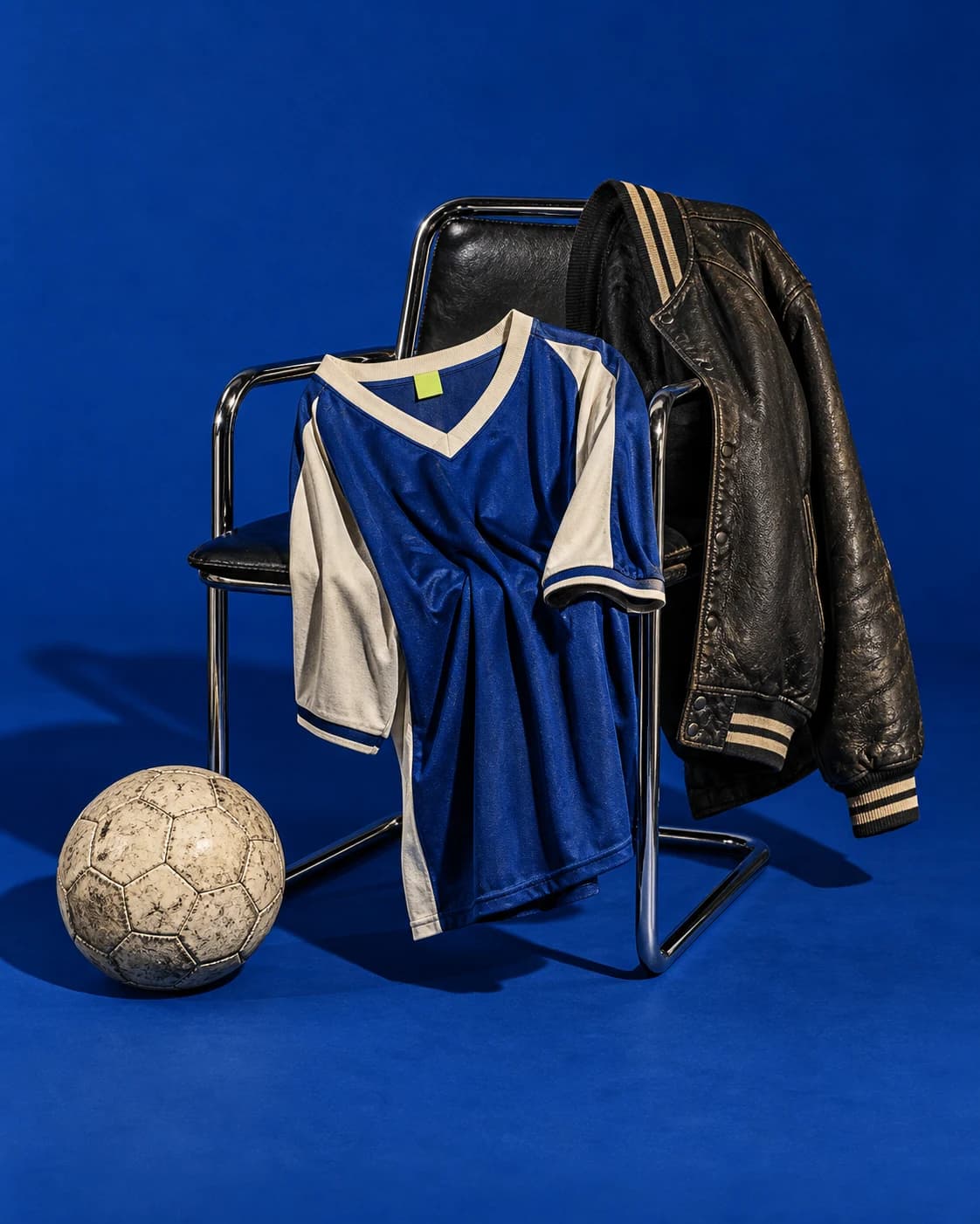 Airlift-Kampagnenmotiv: Vintage-Sportswear auf einem Chromstuhl vor kobaltblauem Hintergrund